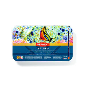 Closed Derwent Inktense 100 pencil tin, lid printed with a butterfly painting over a blue band with the Derwent logo and the number 100