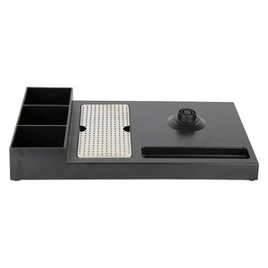 Dolphy black ABS kettle tray with kettle base, mesh insert and sachet compartments, angled view