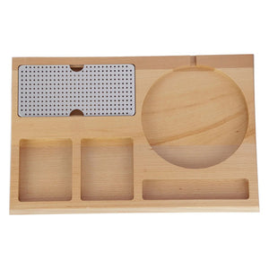 Dolphy beech wood kettle tray, top view with round kettle recess, mesh insert and compartments