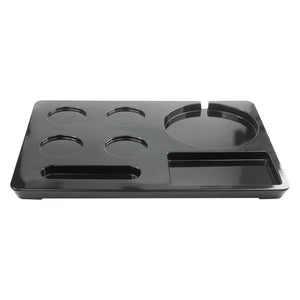 Dolphy black melamine kettle tray, angled view of the round mug recesses and kettle base space