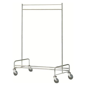 Dolphy stainless steel laundry trolley, angled view showing the tall open frame with twin top rails and a low base frame on castors