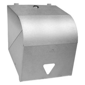 Dolphy stainless steel roll towel dispenser in satin finish, angled view with the triangular towel window and lock at the top