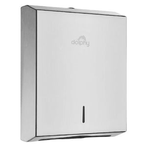Dolphy Universal stainless steel paper towel dispenser in satin finish, angled front view with the narrow level window