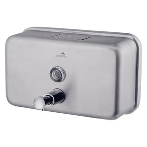 Dolphy horizontal stainless steel soap dispenser, front view of the brushed silver horizontal housing with push valve