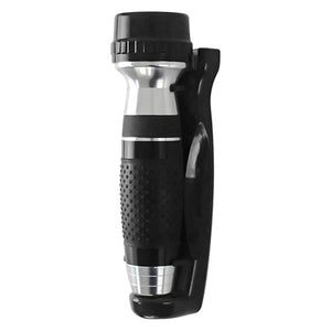 Dolphy wall mounted hotel torch in black and silver, standing in its black wall cradle with a ribbed rubber grip