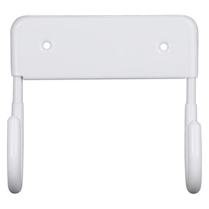 Dolphy wall mounted iron board hanger in white, a flat wall plate with two screw holes and two curved hooks below