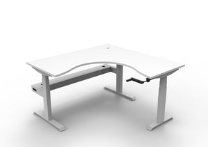 Rapidline Boost Crank manual height adjustable corner workstation, E0 rated Natural White top on a white satin powdercoated frame. Supplied product image for model BCCNRCT1P1515 NW/WS. View 1.
