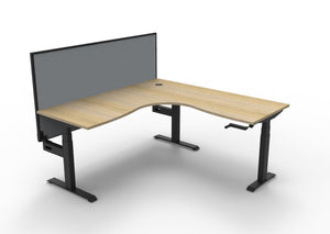 Rapidline Boost Crank manual height adjustable corner workstation, E0 rated Natural Oak top on a black satin powdercoated frame. Supplied product image for model BCCNRWS1P1818 NO/BL. View 1.