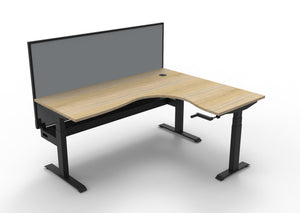 Rapidline Boost Crank manual height adjustable corner workstation, E0 rated Natural Oak top on a black satin powdercoated frame. Supplied product image for model BCCNRWSCT1P1815 NO/BL. View 1.