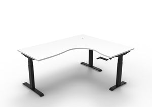 Rapidline Boost Crank manual height adjustable corner workstation, E0 rated Natural White top on a black satin powdercoated frame. Supplied product image for model BCCNR1P1815 NW/BL. View 1.