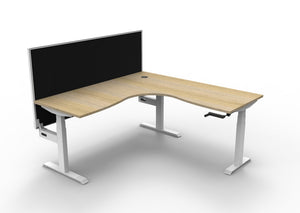 Rapidline Boost Crank manual height adjustable corner workstation, E0 rated Natural Oak top on a white satin powdercoated frame. Supplied product image for model BCCNRWS1P1818 NO/WS. View 1.