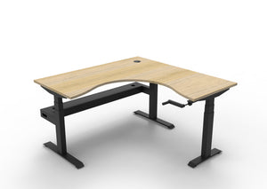Rapidline Boost Crank manual height adjustable corner workstation, E0 rated Natural Oak top on a black satin powdercoated frame. Supplied product image for model BCCNRCT1P1515 NO/BL. View 1.
