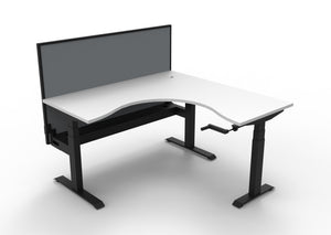 Rapidline Boost Crank manual height adjustable corner workstation, E0 rated Natural White top on a black satin powdercoated frame. Supplied product image for model BCCNRWSCT1P1515 NW/BL. View 1.