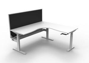 Rapidline Boost Crank manual height adjustable corner workstation, E0 rated Natural White top on a white satin powdercoated frame. Supplied product image for model BCCNRWSCT1P1818 NW/WS. View 1.