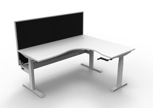 Rapidline Boost Crank manual height adjustable corner workstation, E0 rated Natural White top on a white satin powdercoated frame. Supplied product image for model BCCNRWSCT1P1815 NW/WS. View 1.