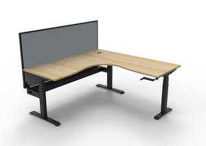 Rapidline Boost Crank manual height adjustable corner workstation, E0 rated Natural Oak top on a black satin powdercoated frame. Supplied product image for model BCCNRWSCT1P1818 NO/BL. View 1.