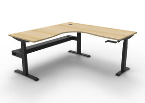 Rapidline Boost Crank manual height adjustable corner workstation, E0 rated Natural Oak top on a black satin powdercoated frame. Supplied product image for model BCCNRCT1P1818 NO/BL. View 1.