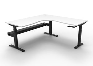 Rapidline Boost Crank manual height adjustable corner workstation, E0 rated Natural White top on a black satin powdercoated frame. Supplied product image for model BCCNRCT1P1818 NW/BL. View 1.