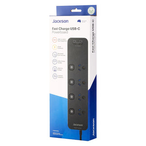 Jackson Fast Charge USB-C Powerboard PT1814USB3C in its box, front view showing the black board with 4 sockets, push switches and feature icons down the left side