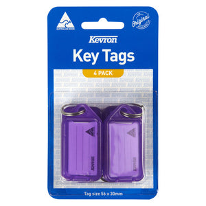 Kevron ID5 key tags lilac 4 pack on its blister card, two lilac tags with rings, tag size 56 x 30mm printed below