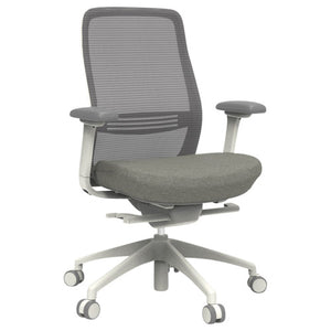 Konfurb Luna mesh back chair with a white frame and base, grey mesh, grey seat and grey 4D arm pads, front angle view