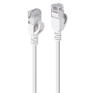 Close view of the two slim RJ45 plugs on the Lindy 0.5m Cat6A U/UTP ultra slim network cable, in a very light grey finish