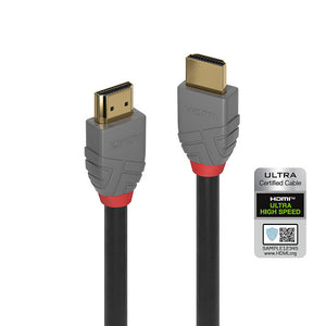 Lindy 1m Ultra High Speed HDMI 2.1 Cable Anthra Line, two grey HDMI plugs with red collars and gold plated contacts beside a printed cable label