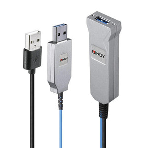 Lindy 30m Fibre Optic USB 3.0 Cable, close-up of the grey USB-A plug, grey USB-A socket end and black USB-A power lead