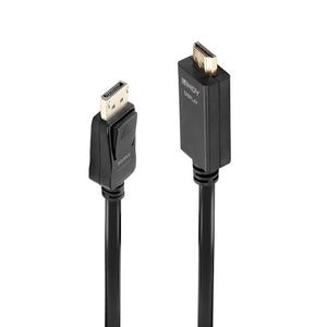 Lindy 3m DisplayPort to HDMI 10.2G Cable, black DisplayPort and HDMI plugs standing upright side by side