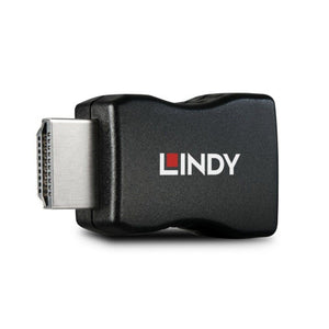 Lindy HDMI 10.2G EDID Emulator side view, compact black housing with the HDMI male plug and Lindy logo