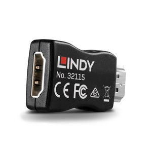 Lindy HDMI 2.0 EDID Emulator showing the HDMI female socket end of the black housing printed with No. 32115