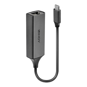 Lindy USB 3.2 Type C Gigabit Ethernet Converter in silver grey, upright with the RJ45 socket on top and the Type C plug on a looped cable