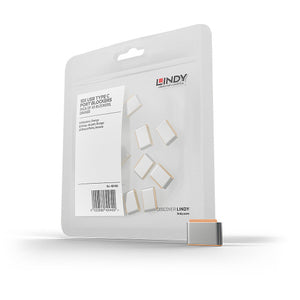 Lindy USB C Port Blocker 10 Pack Orange in its clear retail blister pack, with orange trimmed blockers visible inside and one blocker standing in front