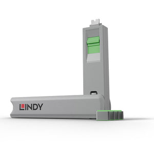 Lindy USB C Port Blocker 4 Pack + Key Green: grey Lindy key with a green slider standing upright beside four green trimmed USB-C blockers