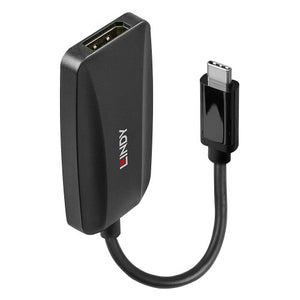 Lindy USB Type C to DisplayPort 1.4 Converter standing upright, black housing with DisplayPort socket and USB-C plug