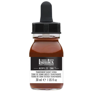Liquitex Professional Acrylic Ink Transparent Burnt Sienna 129, 30 ml (1 US fl oz) glass bottle with black dropper cap; front label names the colour in English, French and Spanish