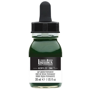 Liquitex Professional Acrylic Ink Sap Green Permanent 315, 30 ml (1 US fl oz) glass bottle with black dropper cap; front label names the colour in English, French and Spanish