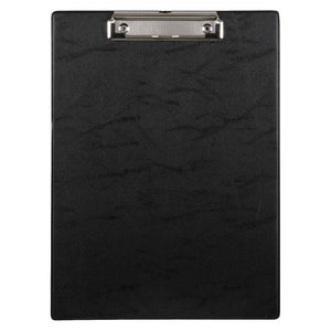 Marbig black A4 PVC clipboard 4302002 face on, showing a mottled grain finish and a chrome metal clip
