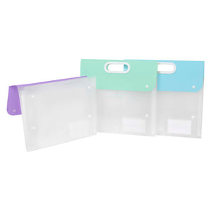 A group of Marbig expanding art portfolios with purple, mint green and blue flaps over frosted clear bodies, with white handles and name card windows.