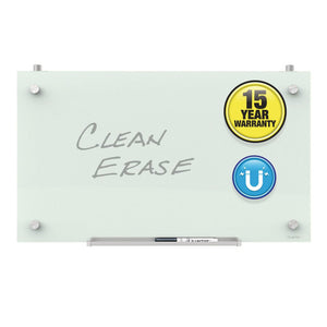 Quartet Infinity cubicle glass board front view with Clean Erase handwritten in grey, a yellow 15 Year Warranty badge, a blue magnet icon, round corner standoffs and a tray holding a black marker