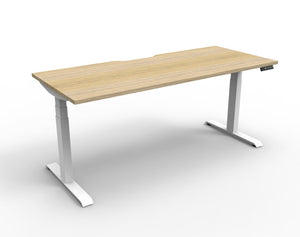 Rapidline Boost Plus electric height adjustable single sided workstation, E0 rated Natural Oak top on a white satin powdercoated frame. Rapidline range image supplied for model B+1P1575 NO/WS.