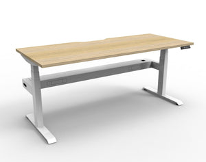 Rapidline Boost Plus electric height adjustable single sided workstation, E0 rated Natural Oak top on a white satin powdercoated frame. Rapidline range image supplied for model B+1PCT1575 NO/WS.