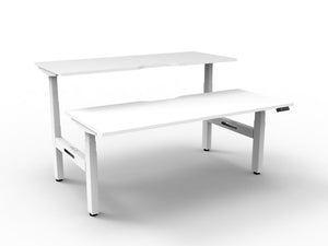 Rapidline Boost Plus electric height adjustable back to back workstation, E0 rated Natural White top on a white satin powdercoated frame. Rapidline range image supplied for model B+2P1275 NW/WS.