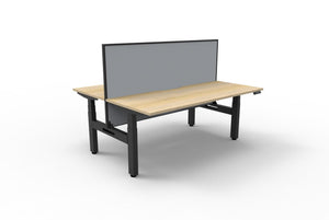 Rapidline Boost Plus electric height adjustable back to back workstation, E0 rated Natural Oak top on a black satin powdercoated frame. Rapidline range image supplied for model B+2PWS1875 NO/BL.