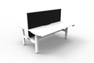 Rapidline Boost Plus electric height adjustable back to back workstation, E0 rated Natural White top on a white satin powdercoated frame. Rapidline range image supplied for model B+2PWSCT1875 NW/WS.