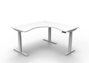 Rapidline Boost Plus electric height adjustable corner workstation, E0 rated Natural White top on a white satin powdercoated frame. Supplied product image for model B+CNR1P1515 NW/WS. View 1.