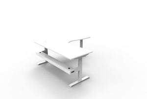Rapidline Boost Plus electric height adjustable corner workstation, E0 rated Natural White top on a white satin powdercoated frame. Supplied product image for model B+CNRCT1P1818 NW/WS. View 1.