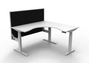 Rapidline Boost Plus electric height adjustable corner workstation, E0 rated Natural White top on a white satin powdercoated frame. Supplied product image for model B+CNRWS1P1515 NW/WS. View 1.