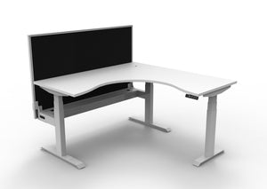 Rapidline Boost Plus electric height adjustable corner workstation, E0 rated Natural White top on a white satin powdercoated frame. Supplied product image for model B+CNRWSCT1P1515 NW/WS. View 1.