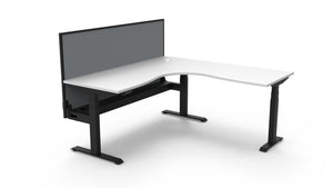 Rapidline Boost Plus electric height adjustable corner workstation, E0 rated Natural White top on a black satin powdercoated frame. Supplied product image for model B+CNRWSCT1P1818 NW/BL. View 1.